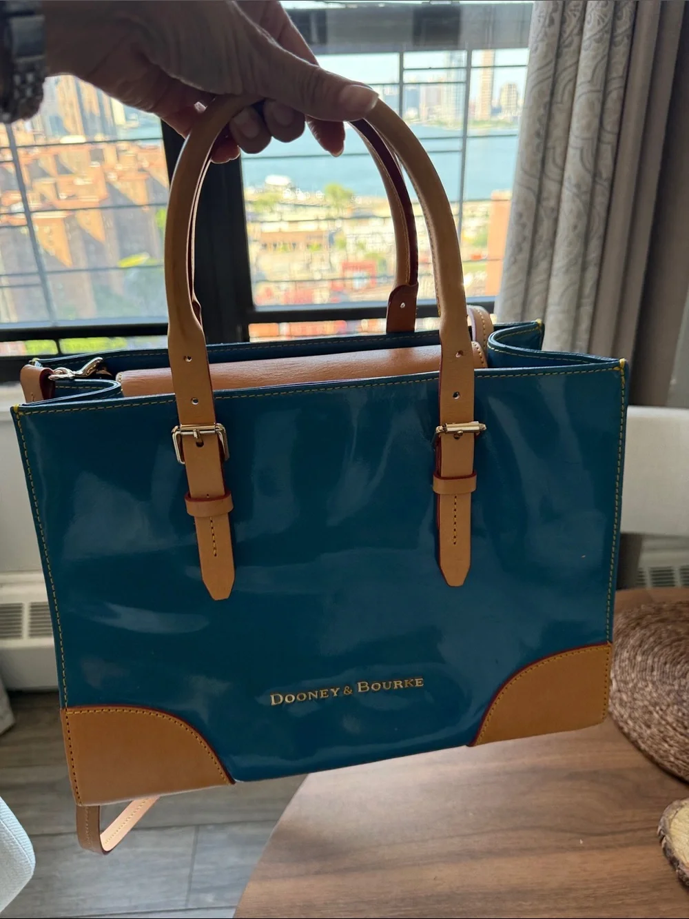 Dooney & Bourke Teal Patent Satchel with Tan Trim and Gold Logo